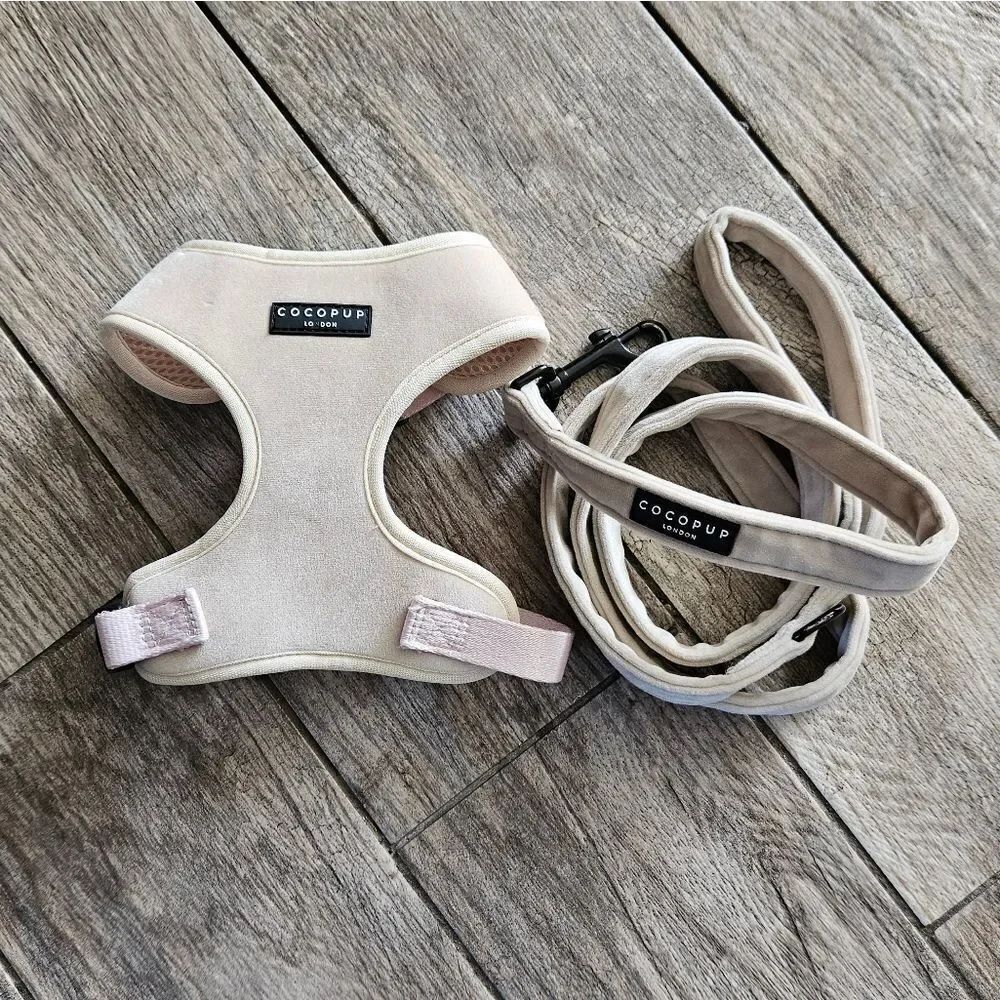 Cocopup Luxe Velvet Adjustable Neck Harness and Leash Set - Champagne Size XS